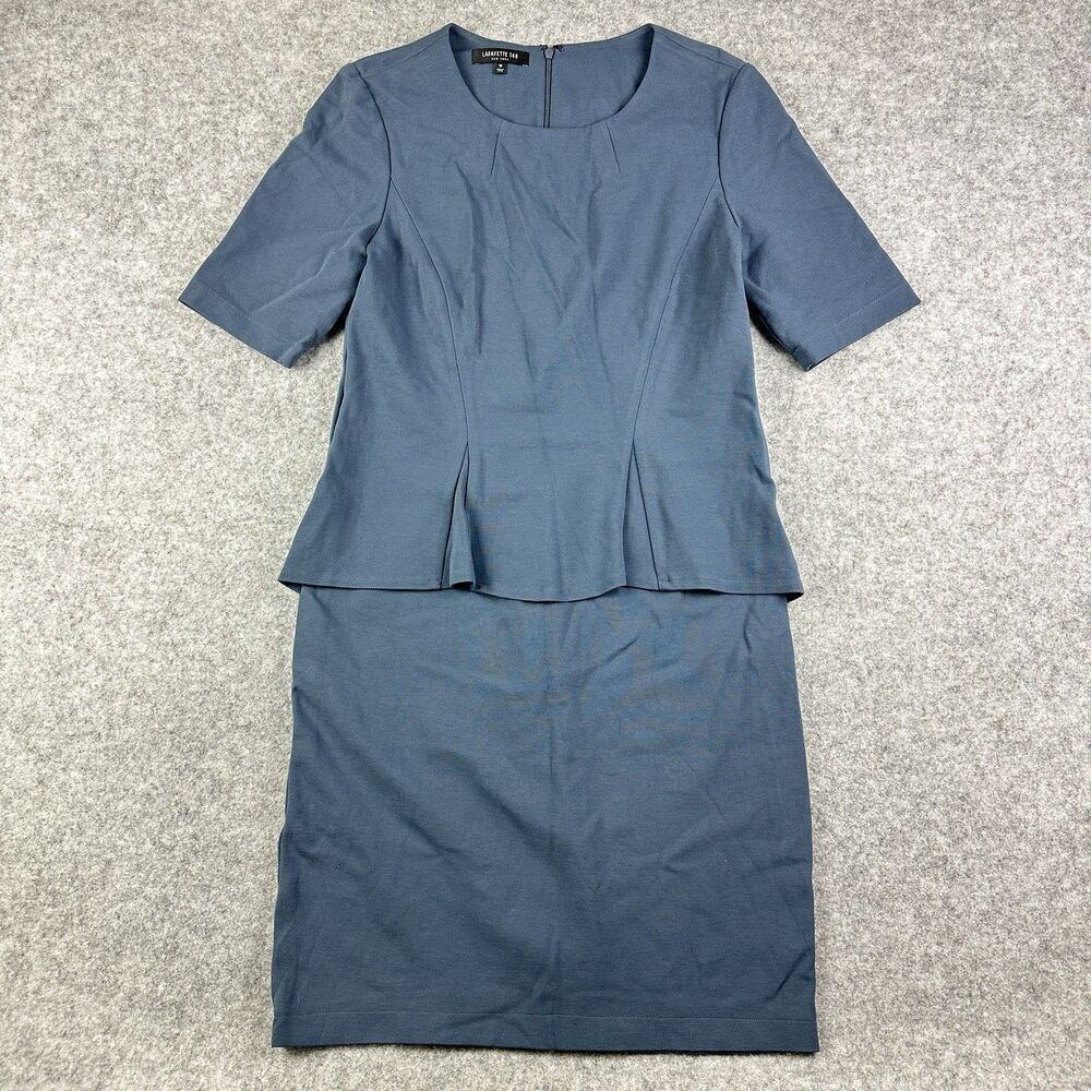 Lafayette 148 New York Peplum Dress Womens 10 Blue Gray Stretch Modern Career*